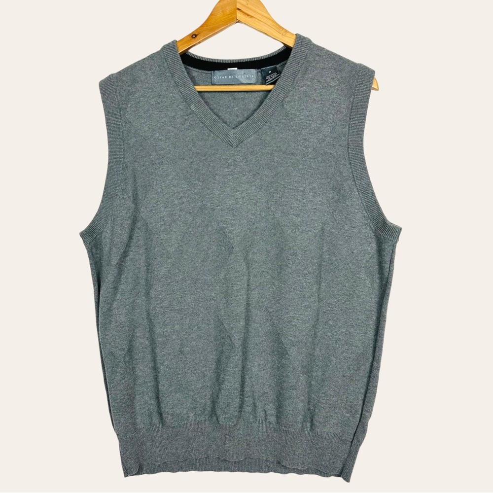 Oscar De La Renta Diamond Argyle V Neck Sleeveless Cotton Pull On Sweater Vest M